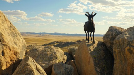 Majestic Goat on Rocky Terrain Under Blue Sky