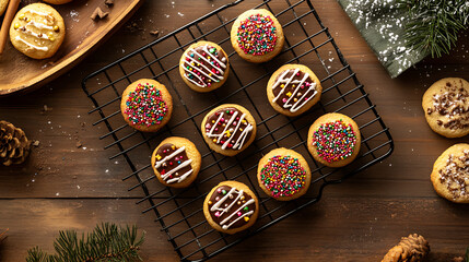 Close-up of freshly baked holiday cookies cooling on a rack, decorated with colorful icing and sprinkles, with a warm and cozy background 