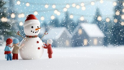 A snowman with a red hat and a carrot nose is surrounded by three children
