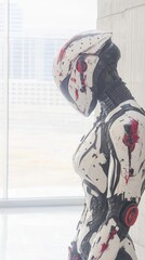 A humanoid robot with a sleek design and red markings stands in a modern space.
