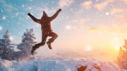 Happy new year 2025, Silhouette Man jumping from 2024 cliff to 2025 cliff on sky background. Сoncept of moving from year to year. New Year's concept