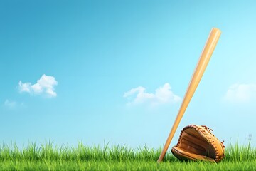 Baseball bat and glove rest on grass