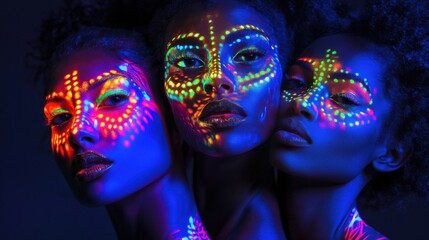 Obraz premium Overlay of models' faces illuminated with neon lighting for a dramatic effect