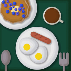 breakfast, eggs, pancakes, coffee, morning, blueberry