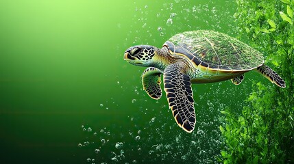 A sea turtle swims against a green background, representing underwater life in a fun endangered species design.