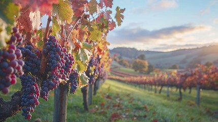 Vineyard landscape with ripe grapes and autumn foliage at sunset.