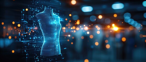 A fashion designer using AI to visualize patterns and fabric textures on a digital mannequin, AI fashion design, digital fashion innovation