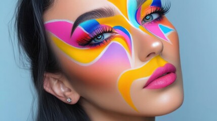Naklejka premium Woman with vibrant and colorful makeup, creating a bold artistic look