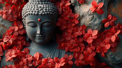 A serene Buddha statue surrounded by red flowers on a dark background, perfect for Vesak Day-themed banners, posters, or greeting cards celebrating Buddhist culture and spirituality.