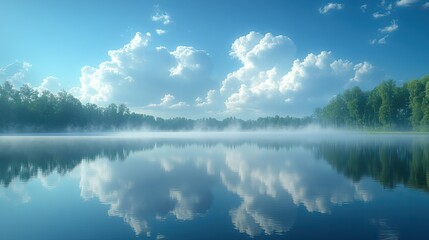 A serene landscape of a misty lake with clouds reflected on the water surface, designed for nature-themed posters, banners, or eco-tourism promotional materials with copy space.