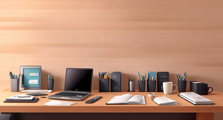 Fototapeta premium Modern Office Desk Mock-Up with Sleek Laptop, Coffee Mug, and Stationery on a Wooden Surface with a Plain Wall Background