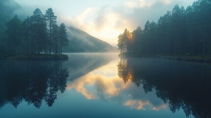 A serene morning lake reflects clouds and forest in a Norwegian landscape, creating a peaceful eco-tourism backdrop for nature travel concepts.