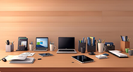 Fototapeta premium Modern Office Desk Mock-Up with Sleek Laptop, Coffee Mug, and Stationery on a Wooden Surface with a Plain Wall Background