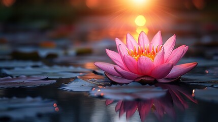 A serene pink lotus or water lily glows under rays of light, symbolizing spiritual enlightenment and relaxation in religious or meditation concepts.