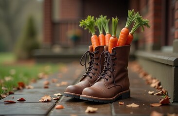 Kid's boots filled with carrots for St Nicholas horse on the porch home. Blurred winter background. Saint Nicholas day banner. Sinterklaas Dutch holiday greeting card. close up.