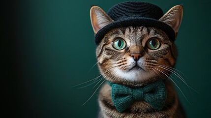 A serious tabby cat wearing a black cylinder hat and green bow tie poses against a dark emerald background, ideal for St. Patrick’s Day themes.