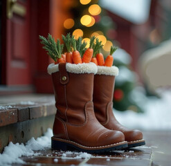 Kid's boots filled with carrots for St Nicholas horse on the porch home. Blurred winter background. Saint Nicholas day banner. Sinterklaas Dutch holiday greeting card. close up.