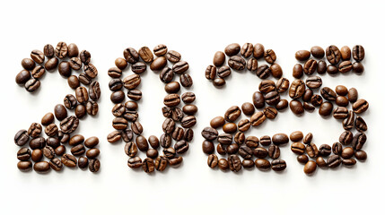 "2025" written with coffee beans, shaped into large, bold numbers. Isolated on White Background