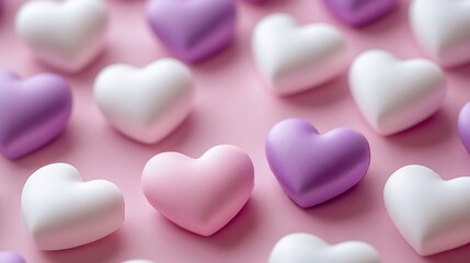 Fototapeta premium A close-up shot of pink, purple, and white heart-shaped objects arranged in a pattern on a pink background.