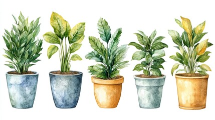 A set of watercolor tropical house plants in pots, perfect for botanical themes in modern home decor, invitations, or design projects.
