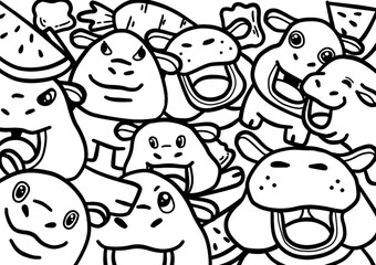 seamless pattern with funny people. Hippopotamus in Thailand hands draw 