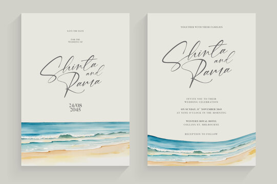 minimalist wedding invitation template with a serene beach setting