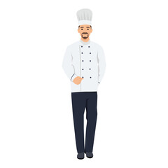 Young Bearded chef in cook cap standing with uniform. Flat vector illustration isolated on white background