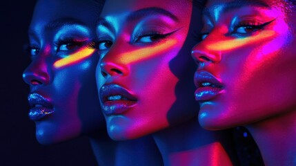 Overlay of models' faces illuminated with neon lighting for a dramatic effect