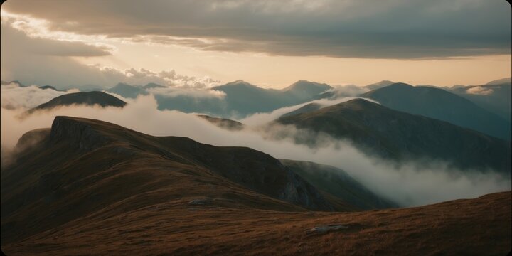 Majestic mountain landscape with clouds rolling over peaks during sunset