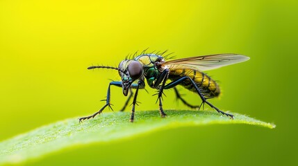 Fototapeta premium Close-up of a vibrant green fly on a leaf