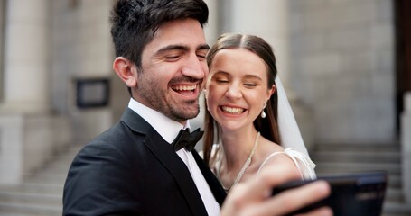 Couple, selfie and smile with wedding in city, love and care for commitment, memory and post on...