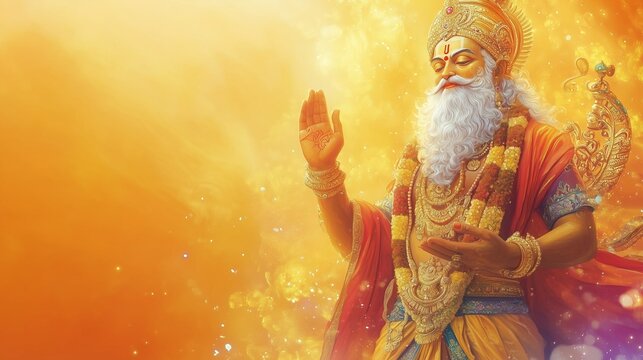 Illustration with free space for text, hindu god lord Vishwakarma, blessing with the right hand
