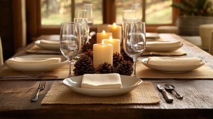 Fototapeta premium Cozy Dinner Table Setting with Candles and Glassware