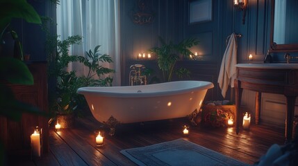 Serene Bathroom with Bathtub and Candles at Night