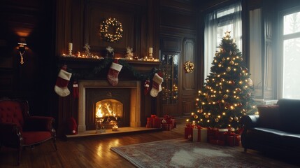 Cozy Living Room with Christmas Tree and Festive Fireplace