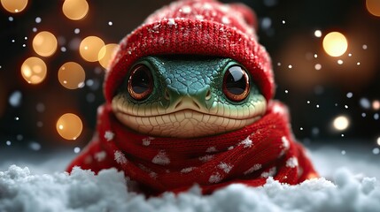 A smiling green snake with a red scarf and hat, symbolizing the Chinese New Year 2025, a festive illustration for cards or posters.