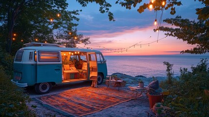 Cozy Vintage Camper Van by the Beach at Sunset