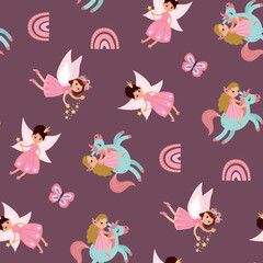 Magical Seamless Pattern with Fairies, Unicorn. Design for fabric, textile, wallpaper, packaging, nursery.	