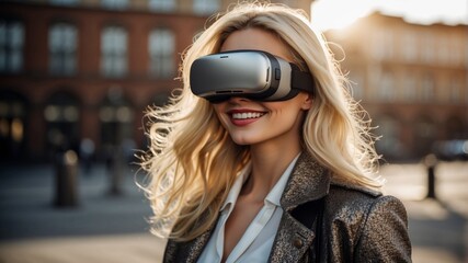 A young woman enjoys virtual reality in an urban setting during golden hour