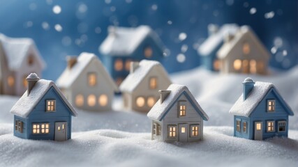Fototapeta premium Charming winter scene with miniature houses nestled in soft snow under a starry night sky