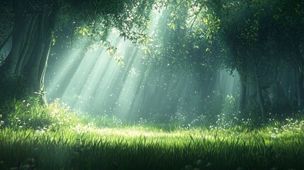 Naklejka premium A serene forest scene with sunlight filtering through trees, creating a tranquil atmosphere.