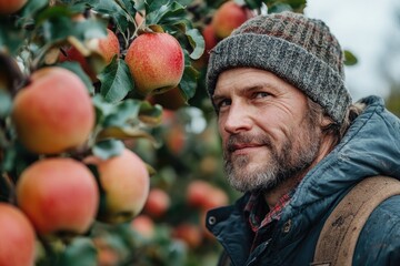 Farmer examining red apples growing on apple tree branch