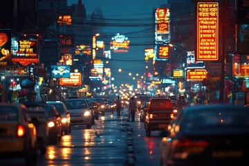 Fototapeta premium Wet street in thamel, kathmandu, full of cars and colorful neon signs by night
