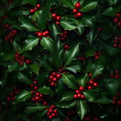 Obraz premium Abstract background with green Holy Berry leaves and baubles. Square composition.
