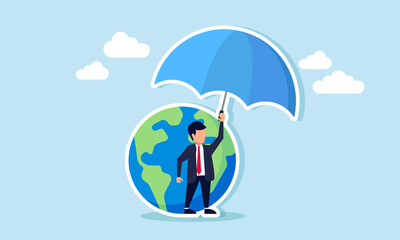 A businessman standing next to a globe, shielding it with an umbrella, illustration of protecting the Earth from business practices that harm the environment and ignore go green