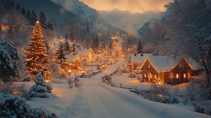 A snowy village with decorated Christmas trees and twinkling lights symbolizes holiday cheer, making it perfect for festive greeting cards.