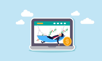 A businessman relaxing on a hammock hanging from a laptop displaying stock charts with dollar coins, illustration of enjoying strong investment asset performance