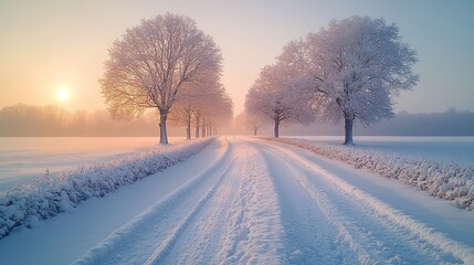 Obraz premium A snowy winter landscape with trees and a road leading into the distance, creating a peaceful scene for Christmas and New Year holiday themes.