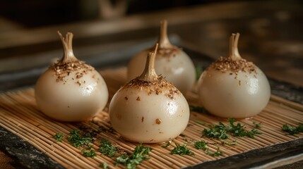 Obraz premium Delicious White Onion Balls on Wooden Platter