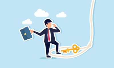 A businessman walking, about to be trapped by a rope looping around a key, illustration of being trapped with a deceptive solution that harms the business